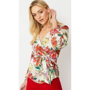 JAYLEY Floral Silk Blend 'Emma' Wrap Blouse Variable Size 8-14 Collard V-Neck